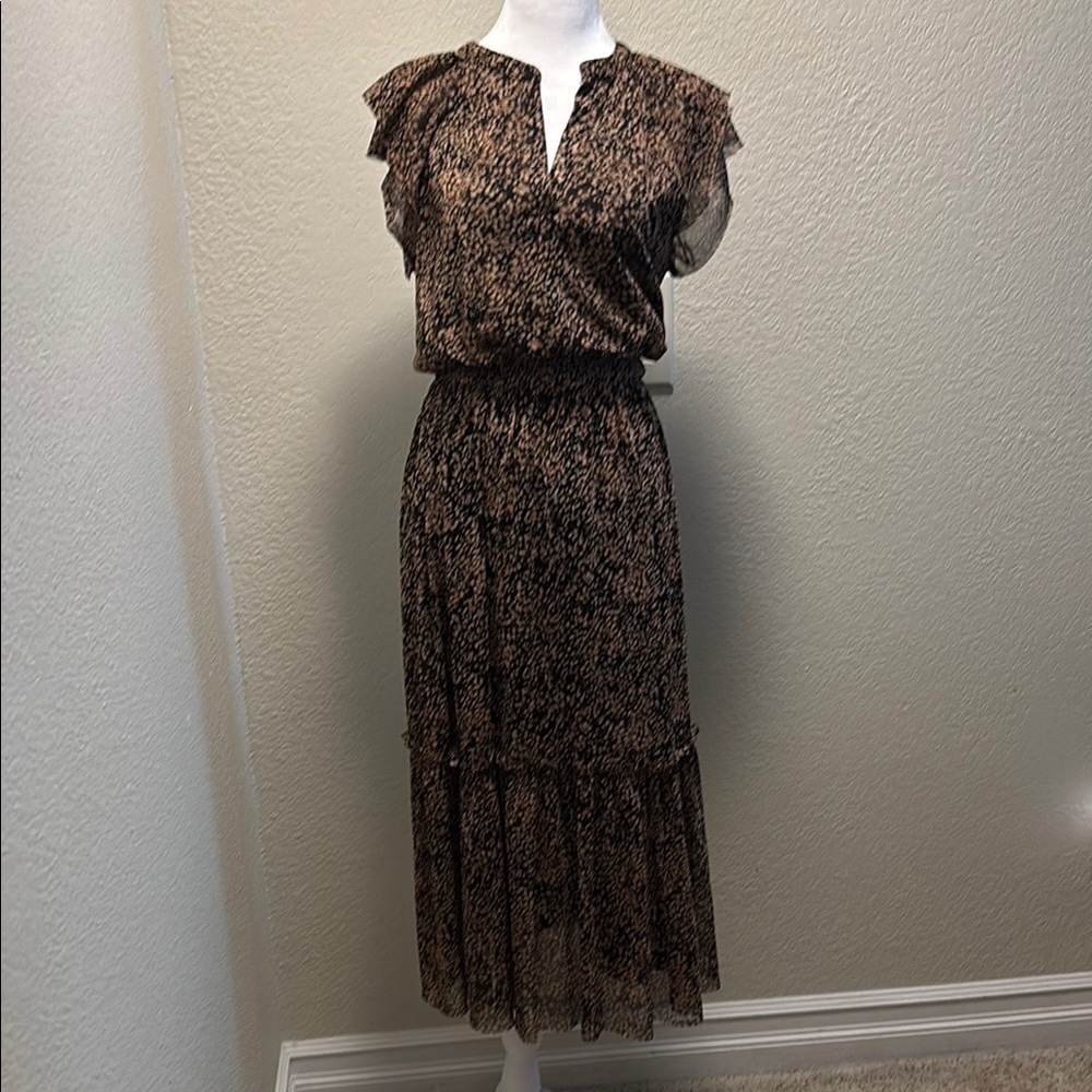 Brown and Black Tiered Midi Sundress with Flutter Sleeves